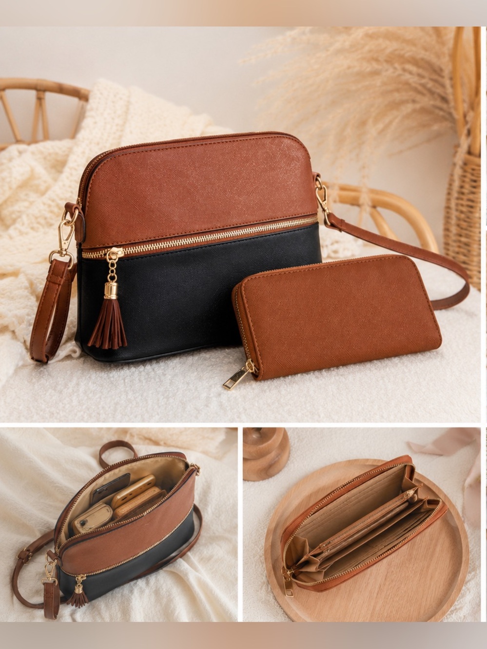 Two-Tone Brown and Black Crossbody Bag with Matching Brown Wallet